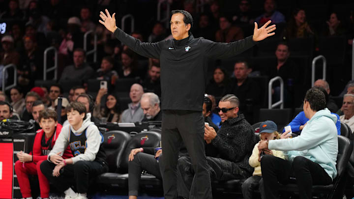 Feb 1, 2026; Miami, Florida, USA;  Miami Heat head coach Erik Spoelstra directs his team during the first half against the Chicago Bulls at Kaseya Center. Mandatory Credit: Jim Rassol-Imagn Images