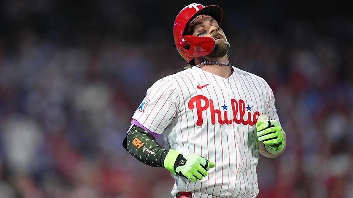 Jun 16, 2026; Philadelphia, Pennsylvania, USA; Philadelphia Phillies infielder Bryce Harper (3) reacts after flying out against the Miami Marlins in the seventh inning at Citizens Bank Park. Jun 16, 2026; Philadelphia, Pennsylvania, USA; Philadelphia Phillies infielder Bryce Harper (3) reacts after flying out against the Miami Marlins in the seventh inning at Citizens Bank Park.