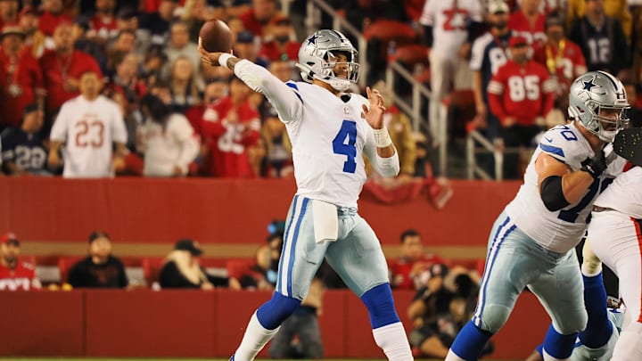 Dallas Cowboys quarterback Dak Prescott throws the ball against the San Francisco 49ers during the fourth quarter at Levi's Stadium. Dallas Cowboys quarterback Dak Prescott throws the ball against the San Francisco 49ers during the fourth quarter at Levi's Stadium.