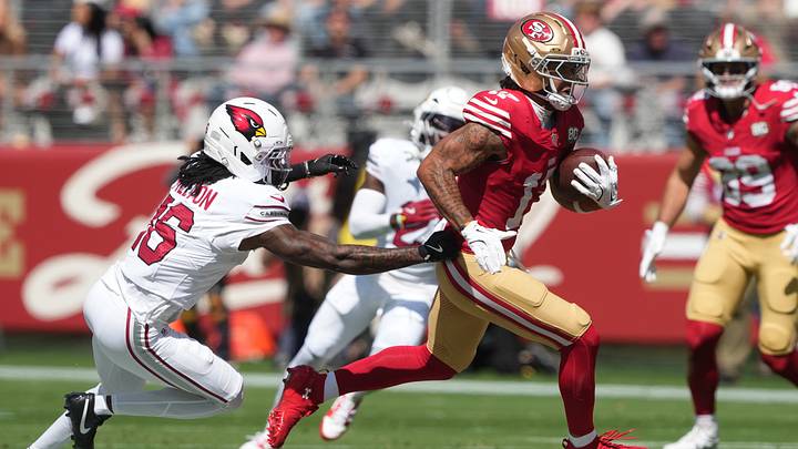 Sep 27, 2026; Santa Clara, California, USA; San Francisco 49ers wide receiver Jordan Watkins (center right) runs after a catch against Arizona Cardinals cornerback Max Melton (16) during the first quarter at Levi's Stadium. Mandatory Credit: Darren Yamashita-Imagn Images Sep 27, 2026; Santa Clara, California, USA; San Francisco 49ers wide receiver Jordan Watkins (center right) runs after a catch against Arizona Cardinals cornerback Max Melton (16) during the first quarter at Levi's Stadium. Mandatory Credit: Darren Yamashita-Imagn Images