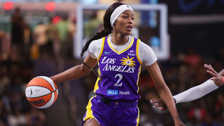 Sep 3, 2025; College Park, Georgia, USA; Los Angeles Sparks forward Rickea Jackson (2) dribbles against the Atlanta Dream in the first quarter at Gateway Center Arena at College Park. Mandatory Credit: Brett Davis-Imagn Images