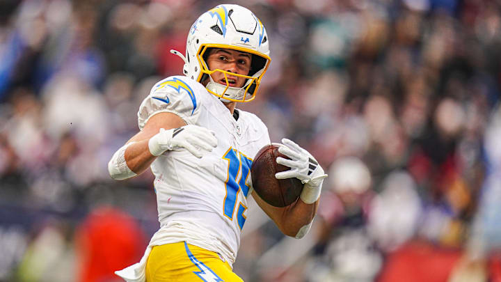 Los Angeles Chargers wide receiver Ladd McConkey makes the touchdown catch against the New England Patriots in the third quarter at Gillette Stadium. Los Angeles Chargers wide receiver Ladd McConkey makes the touchdown catch against the New England Patriots in the third quarter at Gillette Stadium.