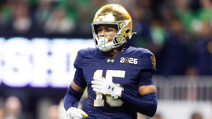 Jan 20, 2025; Atlanta, GA, USA; Notre Dame Fighting Irish cornerback Leonard Moore (15) against the Ohio State Buckeyes during the CFP National Championship college football game at Mercedes-Benz Stadium. Mandatory Credit: Mark J. Rebilas-Imagn Images