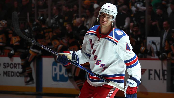 Jan 31, 2026; Pittsburgh, Pennsylvania, USA; New York Rangers defenseman Braden Schneider (4) takes the ice against the Pittsburgh Penguins at PPG Paints Arena. Jan 31, 2026; Pittsburgh, Pennsylvania, USA; New York Rangers defenseman Braden Schneider (4) takes the ice against the Pittsburgh Penguins at PPG Paints Arena.