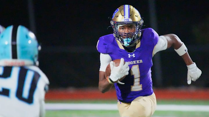 Booker wide receiver Dylan Wester (#1) looks for an opening in the Nature Coast Tech secondary. The Booker Tornadoes hosted Nature Coast Tech in the Class 3A-Region 3 regional semifinal game Friday night in Sarasota. Booker wide receiver Dylan Wester (#1) looks for an opening in the Nature Coast Tech secondary. The Booker Tornadoes hosted Nature Coast Tech in the Class 3A-Region 3 regional semifinal game Friday night in Sarasota.