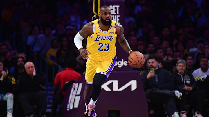 Los Angeles Lakers forward LeBron James (23) brings the ball up court against the Minnesota Timberwolves during the first half in game five of first round for the 2025 NBA Playoffs at Crypto.com Arena. 
