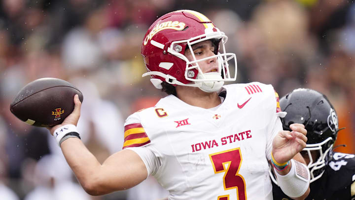 Oct 11, 2025; Boulder, Colorado, USA; Iowa State Cyclones quarterback Rocco Becht (3) prepares to pass in the second quarter against the Colorado Buffaloes at Folsom Field. Oct 11, 2025; Boulder, Colorado, USA; Iowa State Cyclones quarterback Rocco Becht (3) prepares to pass in the second quarter against the Colorado Buffaloes at Folsom Field.