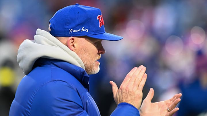 Jan 4, 2026; Orchard Park, New York, USA; Buffalo Bills head coach Sean McDermott looks on during warmups before the game against the New York Jets at Highmark Stadium. Mandatory Credit: Mark Konezny-Imagn Images
