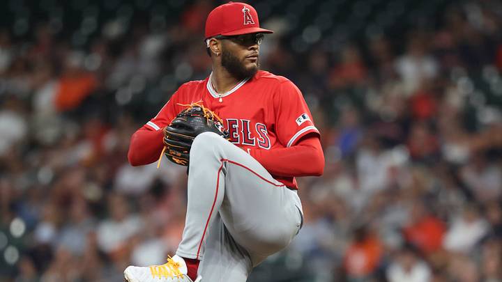 Aug 19, 2026; Houston, Texas, USA; Los Angeles Angels starting pitcher Walbert Urena (57) delivers a pitch during the second inning against the Houston Astros at Daikin Park. Mandatory Credit: Troy Taormina-Imagn Images