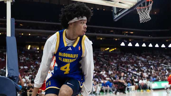 Mar 31, 2026; Glendale, AZ, USA; Tyran Stokes (4) during the McDonalds All American Boys Game at Desert Diamond Arena. Mandatory Credit: Mark J. Rebilas-Imagn Images