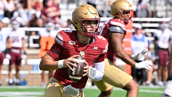 Aug 30, 2025; Chestnut Hill, Massachusetts, USA; Boston College Eagles quarterback Dylan Lonergan (9) looks for a receiver during the first half against the Fordham Rams at Alumni Stadium. Mandatory Credit: Eric Canha-Imagn Images Aug 30, 2025; Chestnut Hill, Massachusetts, USA; Boston College Eagles quarterback Dylan Lonergan (9) looks for a receiver during the first half against the Fordham Rams at Alumni Stadium. Mandatory Credit: Eric Canha-Imagn Images