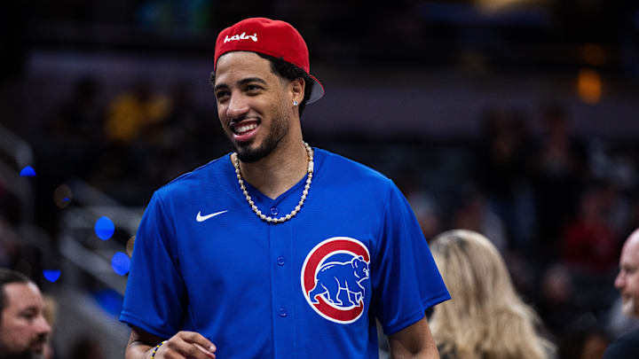 Oct. 11, 2025; Indianapolis, Indiana, USA; Indiana Pacers guard Tyrese Haliburton (0) in the second half against the Oklahoma City Thunder at Gainbridge Fieldhouse.