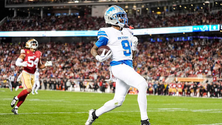 Detroit Lions wide receiver Jameson Williams (9) runs for a touchdown against San Francisco 49ers during the first half at Levi's Stadium in Santa Clara, Calif. on Monday, Dec. 30, 2024.