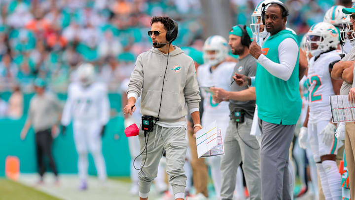 Miami Dolphins head coach Mike McDaniel watches from the sideline against the New York Jets during the second quarter at Hard Rock Stadium. Miami Dolphins head coach Mike McDaniel watches from the sideline against the New York Jets during the second quarter at Hard Rock Stadium.