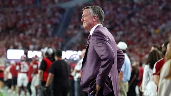 Sep 6, 2025; Tuscaloosa, Alabama, USA; Alabama Crimson Tide athletic director Greg Byrne watches from the sidelines during the first quarter against the Louisiana Monroe Warhawks at Saban Field at Bryant-Denny Stadium. Mandatory Credit: David Leong-Imagn Images