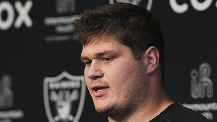 Las Vegas Raiders center Tyler Linderbaum speaks during a news conference during organized team activities.