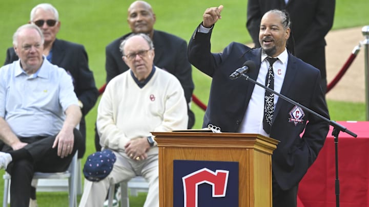 Aug 19, 2023; Cleveland, Ohio, USA; Former Cleveland player Manny Ramirez speaks after he was inducted to the team   s hall of fame before a game against the Detroit Tigers at Progressive Field. Mandatory Credit: David Richard-Imagn Images