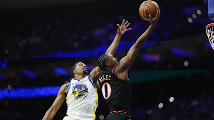 Dec 4, 2025; Philadelphia, Pennsylvania, USA; Philadelphia 76ers guard Tyrese Maxey (0) drives for a score past Golden State Warriors guard De'Anthony Melton (8) during the first quarter at Xfinity Mobile Arena. Mandatory Credit: Bill Streicher-Imagn Images Dec 4, 2025; Philadelphia, Pennsylvania, USA; Philadelphia 76ers guard Tyrese Maxey (0) drives for a score past Golden State Warriors guard De'Anthony Melton (8) during the first quarter at Xfinity Mobile Arena. Mandatory Credit: Bill Streicher-Imagn Images