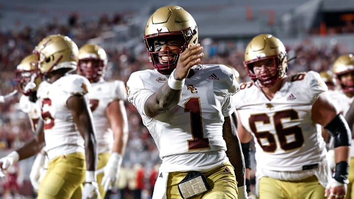 Thomas Castellanos #1 of the Boston College Eagles celebrates after scoring a touchdown during the game against the Florida State Seminoles at Doak Campbell Stadium on Bobby Bowden Field on September 2, 2024 in Tallahassee, Florida. The Eagles defeated the Seminoles 28-13.