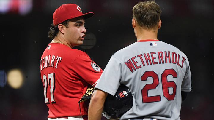 Aug 19, 2026; Cincinnati, Ohio, USA; Cincinnati Reds first baseman Sal Stewart (27) and St. Louis Cardinals second baseman JJ Wetherholt (26) talk during the ninth inning at Great American Ball Park. Mandatory Credit: Tanner Pearson-Imagn Images Aug 19, 2026; Cincinnati, Ohio, USA; Cincinnati Reds first baseman Sal Stewart (27) and St. Louis Cardinals second baseman JJ Wetherholt (26) talk during the ninth inning at Great American Ball Park. Mandatory Credit: Tanner Pearson-Imagn Images