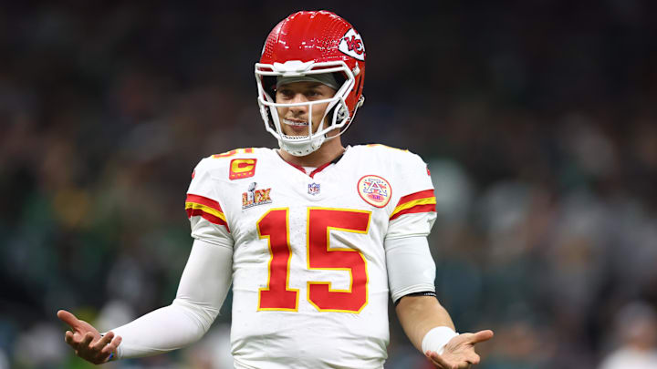 Kansas City Chiefs quarterback Patrick Mahomes in the fourth quarter against the Philadelphia Eagles in Super Bowl LIX.
