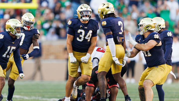 Notre Dame linebacker Drayk Bowen (34) celebrates after getting a stop in the second half of a NCAA football game against NC State at Notre Dame Stadium on Saturday, Oct. 11, 2025, in South Bend. Notre Dame linebacker Drayk Bowen (34) celebrates after getting a stop in the second half of a NCAA football game against NC State at Notre Dame Stadium on Saturday, Oct. 11, 2025, in South Bend.
