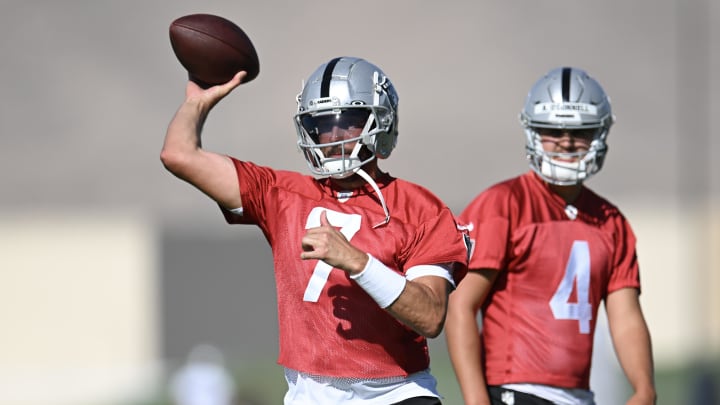 Jul 26, 2023; Las Vegas, Nevada, USA; Las Vegas Raiders quarterback Brian Hoyer (7) during training camp at the Intermountain Health Performance Center. Mandatory Credit: Candice Ward-USA TODAY Sports