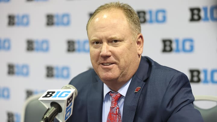 Oct 9, 2025; Rosemont, IL, USA;  Wisconsin head coach Greg Gard speaks during Big Ten Men’s Basketball Media Days at the Donald E. Stephens Convention Center. Mandatory Credit: Talia Sprague-Imagn Images