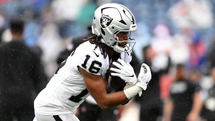 Sep 7, 2025; Foxborough, Massachusetts, USA; Las Vegas Raiders wide receiver Jakobi Meyers (16) practices before the game at Gillette Stadium. Mandatory Credit: Brian Fluharty-Imagn Images