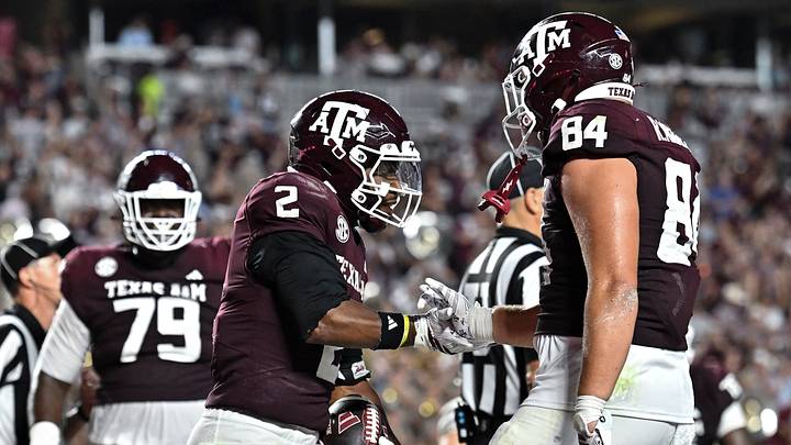 Sep 5, 2026; College Station, Texas, USA; Texas A&M Aggies running back Jamarion Morrow (2) celebrates after scoring a touchdown with tight end Richie Anderson III (84) during third quarter against the Missouri State Bears at Kyle Field. Mandatory Credit: Maria Lysaker-Imagn Images