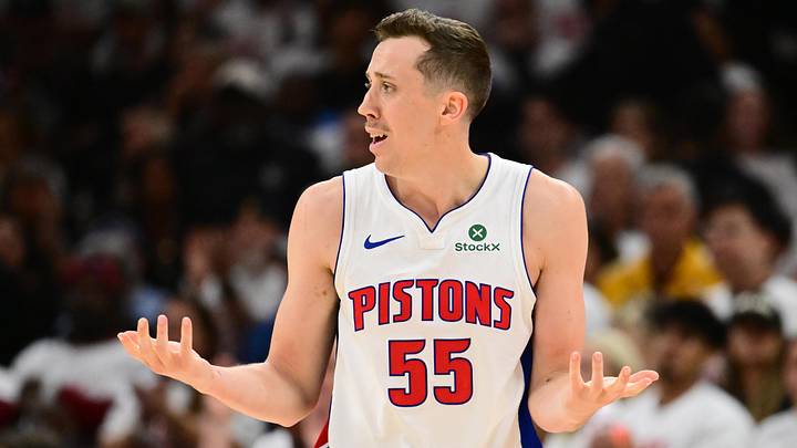 May 9, 2026; Cleveland, Ohio, USA; Detroit Pistons forward Duncan Robinson (55) reacts after a play against the Cleveland Cavaliers during the second half of game three in the second round of the 2026 NBA Playoffs at Rocket Arena. Mandatory Credit: Ken Blaze-Imagn Images