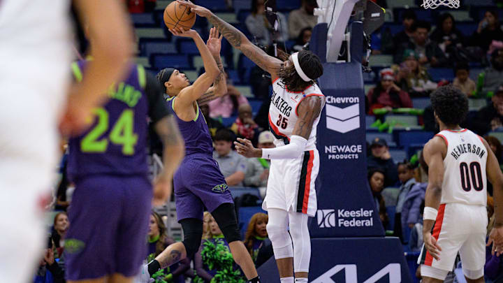 Jan 8, 2025; New Orleans, Louisiana, USA; Portland Trail Blazers center Robert Williams III (35) blocks a shot by New Orleans Pelicans guard Brandon Boston (11) during the second half at Smoothie King Center. Mandatory Credit: Matthew Hinton-Imagn Images