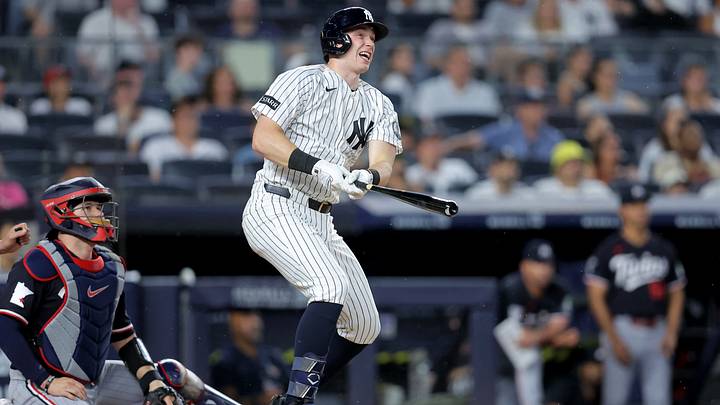 Jul 3, 2026; Bronx, New York, USA; New York Yankees designated hitter Ben Rice (22) follows through on a two run home run against the Minnesota Twins during the third inning at Yankee Stadium. Mandatory Credit: Brad Penner-Imagn Images Jul 3, 2026; Bronx, New York, USA; New York Yankees designated hitter Ben Rice (22) follows through on a two run home run against the Minnesota Twins during the third inning at Yankee Stadium. Mandatory Credit: Brad Penner-Imagn Images