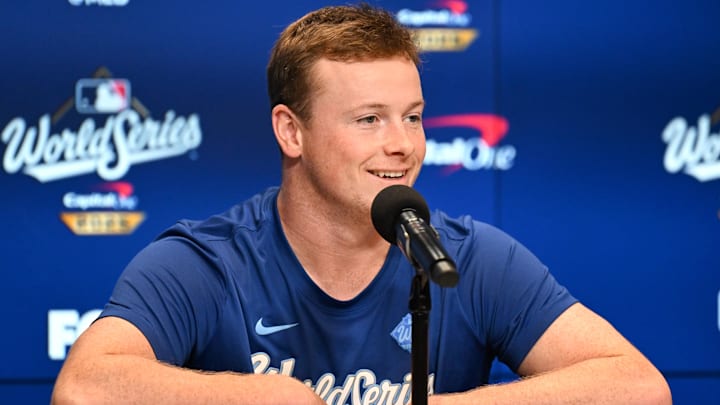 Oct 25, 2025; Toronto, Ontario, CAN; Toronto Blue Jays pitcher Louis Varland (77) speaks to the media prior to game two of the 2025 MLB World Series against the Los Angeles Dodgers at Rogers Centre. 