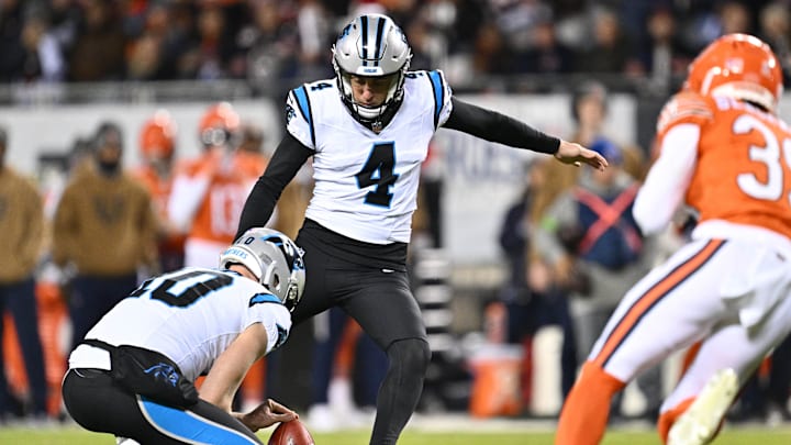 Nov 9, 2023; Chicago, Illinois, USA;  Carolina Panthers kicker Eddy Pineiro (4) kicks a field goal