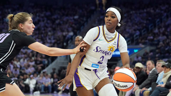 May 16, 2025; San Francisco, California, USA; Los Angeles Sparks forward Rickea Jackson (2) dribbles against Golden State Valkyries guard Kate Martin (left) during the second quarter at Chase Center. Mandatory Credit: Darren Yamashita-Imagn Images May 16, 2025; San Francisco, California, USA; Los Angeles Sparks forward Rickea Jackson (2) dribbles against Golden State Valkyries guard Kate Martin (left) during the second quarter at Chase Center. Mandatory Credit: Darren Yamashita-Imagn Images