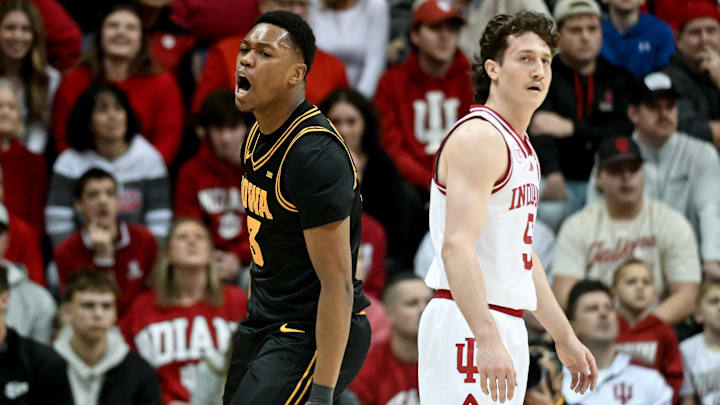 Jan 17, 2026; Bloomington, Indiana, USA; Iowa Hawkeyes forward Cam Manyawu (3) celebrates after a play against the Indiana Hoosiers during the first half at Simon Skjodt Assembly Hall. Mandatory Credit: Robert Goddin-Imagn Images