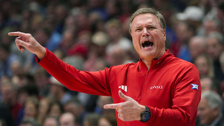 Feb 3, 2025; Lawrence, Kansas, USA; Kansas Jayhawks head coach Bill Self reacts during the first half against the Iowa State Cyclones at Allen Fieldhouse. Mandatory Credit: Jay Biggerstaff-Imagn Images Feb 3, 2025; Lawrence, Kansas, USA; Kansas Jayhawks head coach Bill Self reacts during the first half against the Iowa State Cyclones at Allen Fieldhouse. Mandatory Credit: Jay Biggerstaff-Imagn Images