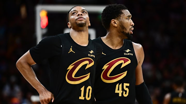 May 13, 2025; Cleveland, Ohio, USA; Cleveland Cavaliers guard Darius Garland (10) and guard Donovan Mitchell (45) react during the second half against the Indiana Pacers in game five of the second round for the 2025 NBA Playoffs at Rocket Arena. Mandatory Credit: Ken Blaze-Imagn Images