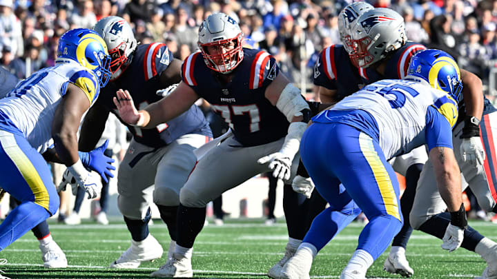 Nov 17, 2024; Foxborough, Massachusetts, USA; New England Patriots center Ben Brown (77) in action against the Los Angeles Rams during the first half at Gillette Stadium. Mandatory Credit: Eric Canha-Imagn Images