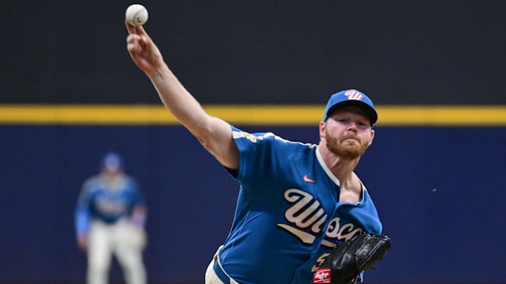 Apr 24, 2026; Milwaukee, Wisconsin, USA;  Milwaukee Brewers starting pitcher Brandon Woodruff (53) throws a pitch in the first inning against the Pittsburgh Pirates at American Family Field. Mandatory Credit: Benny Sieu-Imagn Images