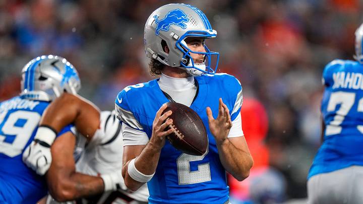 Detroit Lions quarterback Luke Altmyer (2)) drops back to throw a pass in the first quarter of the NFL Preseason game between the Cincinnati Bengals and the Detroit Lions at Paycor Stadium in Cincinnati on Thursday, Aug. 13, 2026.