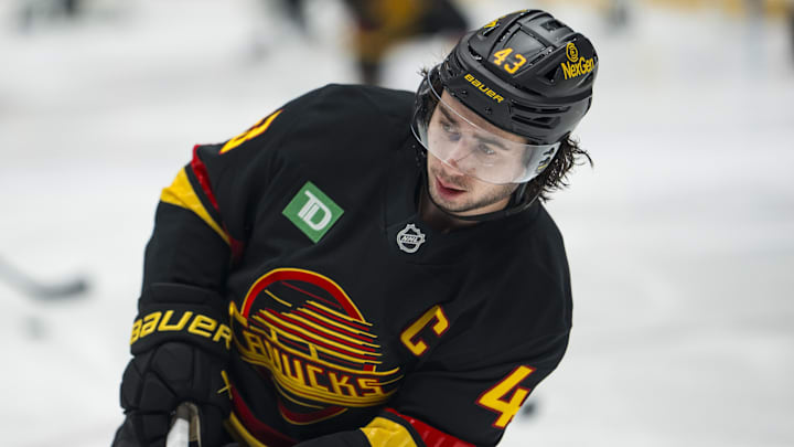 Nov 20, 2025; Vancouver, British Columbia, CAN; Vancouver Canucks forward Quinn Hughes (43) shoots during warm up prior to a game against the Dallas Stars at Rogers Arena. Mandatory Credit: Bob Frid-Imagn Images Nov 20, 2025; Vancouver, British Columbia, CAN; Vancouver Canucks forward Quinn Hughes (43) shoots during warm up prior to a game against the Dallas Stars at Rogers Arena. Mandatory Credit: Bob Frid-Imagn Images