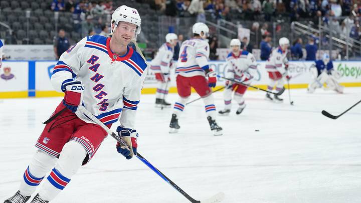 Oct 22, 2026; Toronto, Ontario, CAN;  New York Rangers left wing Alexis Lafreniere (13) skates during the warmup before a game against the Toronto Maple Leafs at Scotiabank Arena.  Mandatory Credit: Nick Turchiaro-Imagn Images