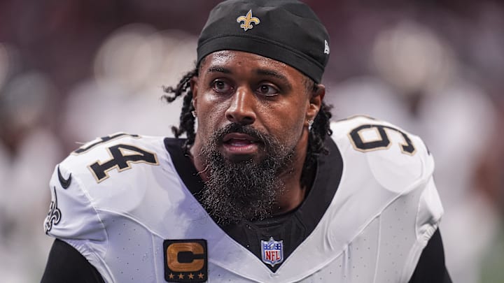 Sep 29, 2024; Atlanta, Georgia, USA; New Orleans Saints defensive end Cameron Jordan (94) shown on the field before the game against the Atlanta Falcons at Mercedes-Benz Stadium. Sep 29, 2024; Atlanta, Georgia, USA; New Orleans Saints defensive end Cameron Jordan (94) shown on the field before the game against the Atlanta Falcons at Mercedes-Benz Stadium.