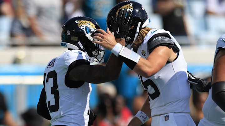 Jaguars wide receiver Christian Kirk, left, is congratulated by quarterback Trevor Lawrence. Jaguars wide receiver Christian Kirk, left, is congratulated by quarterback Trevor Lawrence.