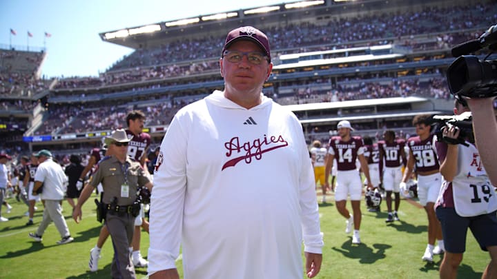 Sep 7, 2024; College Station, Texas, USA; Texas A&M Aggies head coach Mike Elko leaves the field following a 52-10 win against the McNeese State Cowboys at Kyle Field. Mandatory Credit: Dustin Safranek-Imagn Images
