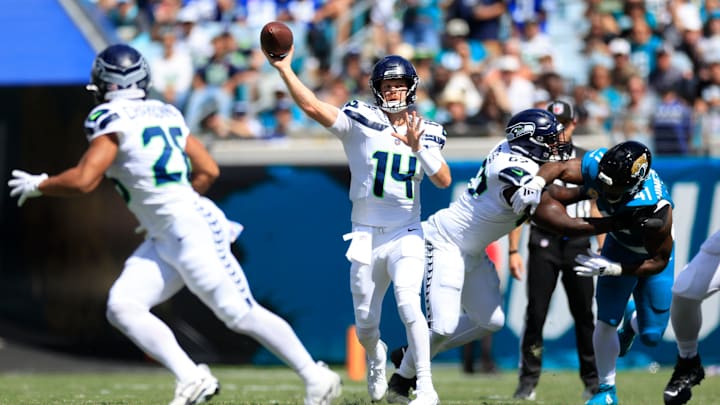 Seattle Seahawks quarterback Sam Darnold (14) throws the ball during the second quarter of an NFL football matchup, Sunday, Oct. 12, 2025, at EverBank Stadium in Jacksonville, Fla. The Seahawks defeated the Jaguars 20-12. [Corey Perrine/Florida Times-Union]