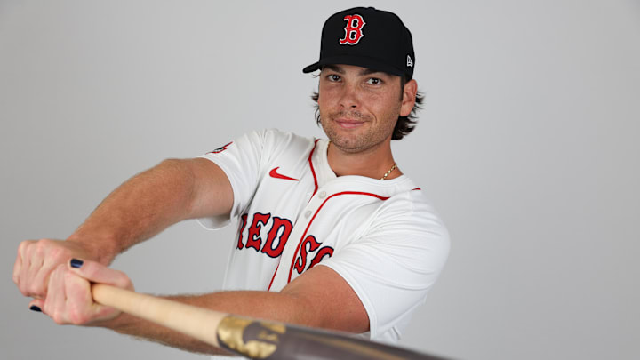 Feb 18, 2025; Lee County, FL, USA; Boston Red Sox first baseman Triston Casas (36) participates in media day at JetBlue Park at Fenway South. Mandatory Credit: Nathan Ray Seebeck-Imagn Images