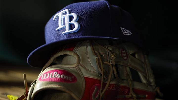Apr 3, 2023; Washington, District of Columbia, USA; A general view of a Tampa Bay Rays hat and glove during the seventh inning of the game against the Washington Nationals at Nationals Park.